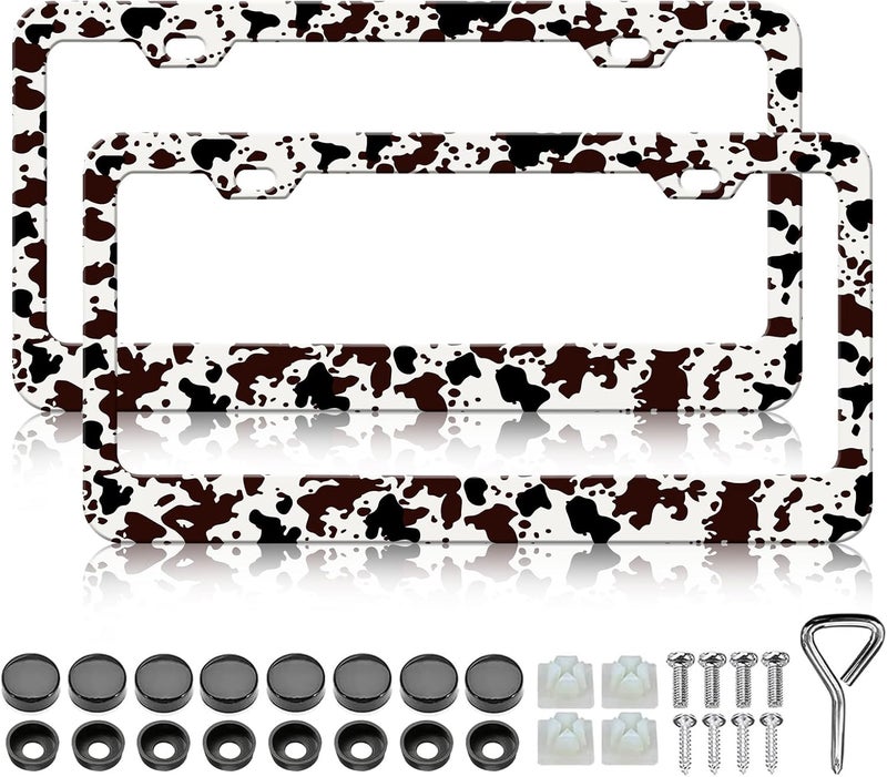 LIN KANG 2PCS Brown Cow Print License Plate Frames, Cute Animal Spots Aluminum Metal License Plate Holder Covers, Rust-Proof Waterproof Car Decorative Tag Frames for Standard US 12x6 Inch - Image 1